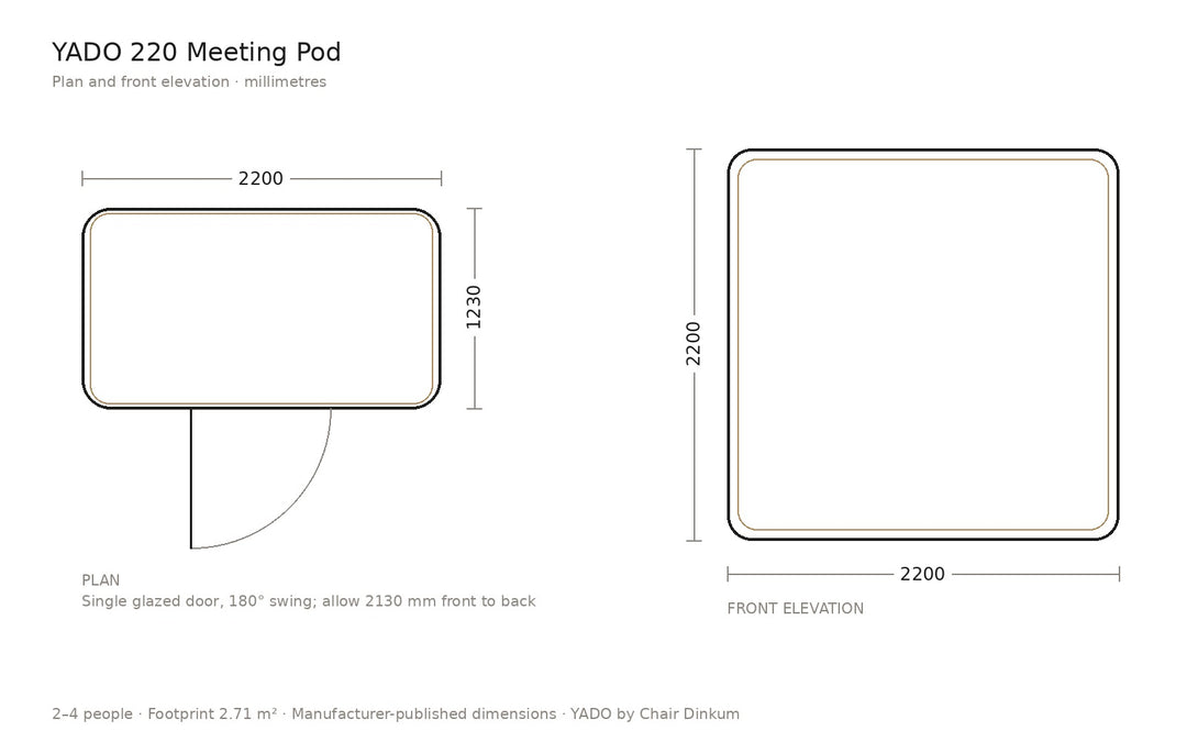 YADO 220 meeting pod plan and front elevation: 2200 x 1230 x 2200 mm - Chair Dinkum Australia