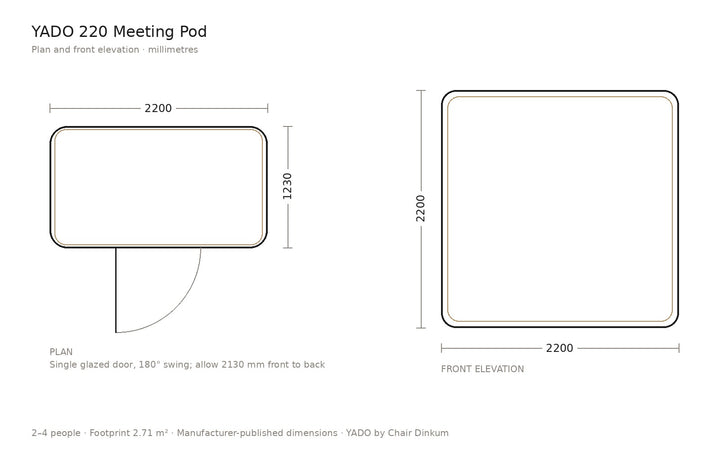 YADO 220 meeting pod plan and front elevation: 2200 x 1230 x 2200 mm - Chair Dinkum Australia
