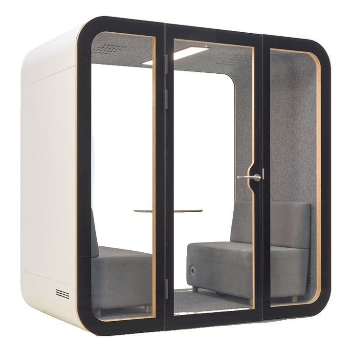 YADO 220 meeting pod with white exterior and black glass front, angled view - Chair Dinkum Australia