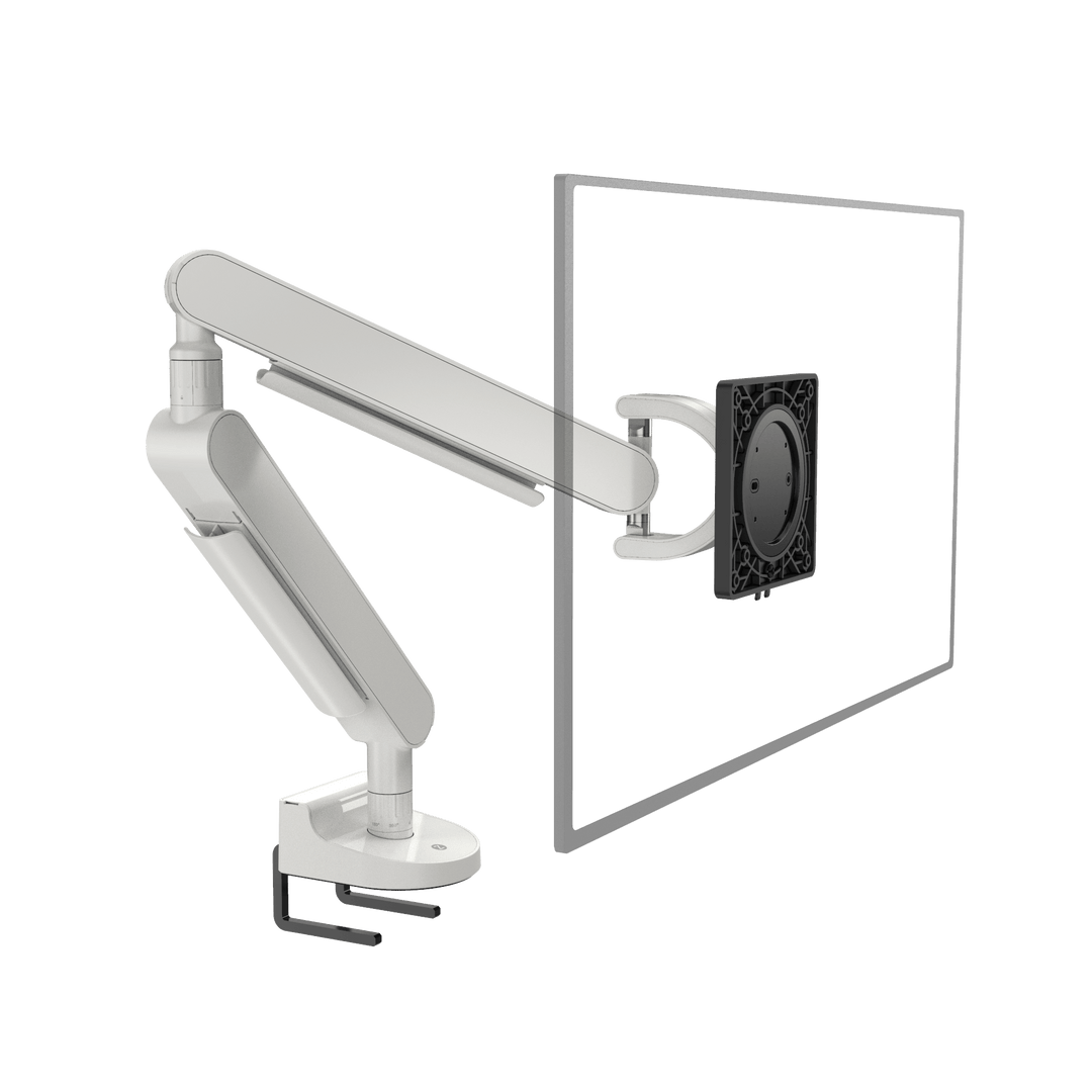 White Zgonic ZG1-DS single monitor arm with a desk clamp, its black VESA plate attached to an outlined transparent screen on a white background.