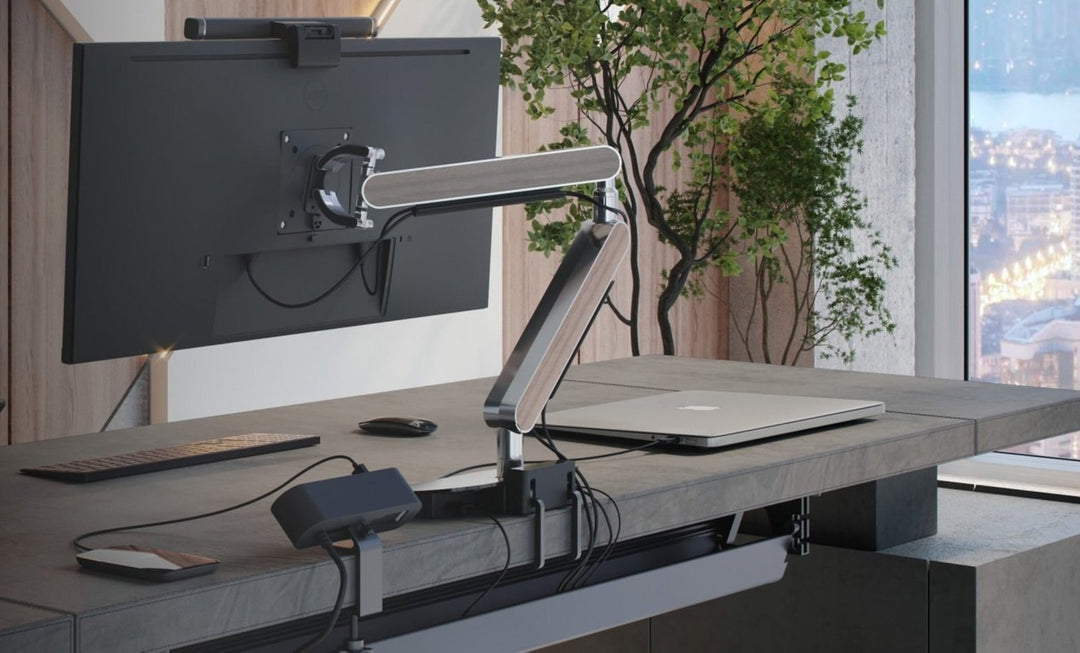 ZGO monitor arm dual setup on white desk