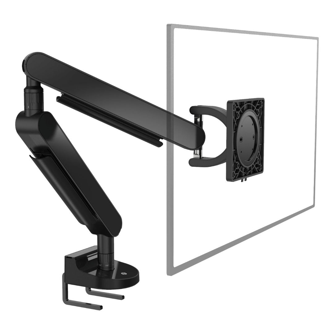 Zgonic ZG1-DS single monitor arm in black with top-down desk clamp, white background (Zgonic render)
