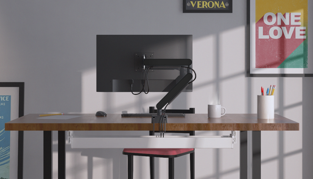 Zgonic ZG1-DS monitor arm on a desk in a workspace scene (Zgonic photograph)