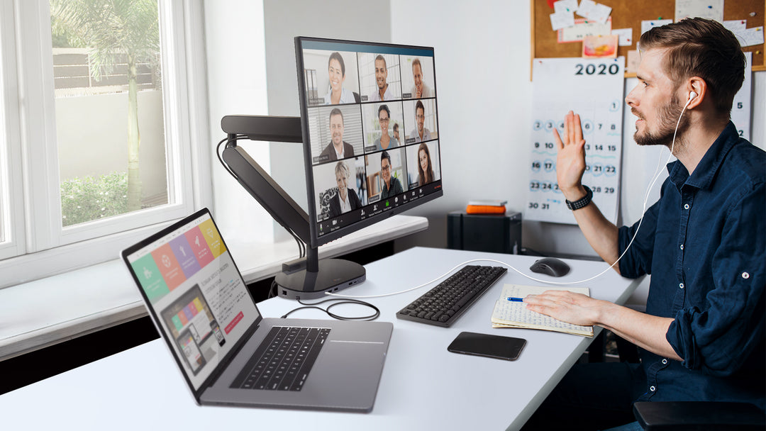 Zgonic ZG1 monitor arm with a Z-Dock, cables routed through the arm (Zgonic photograph)