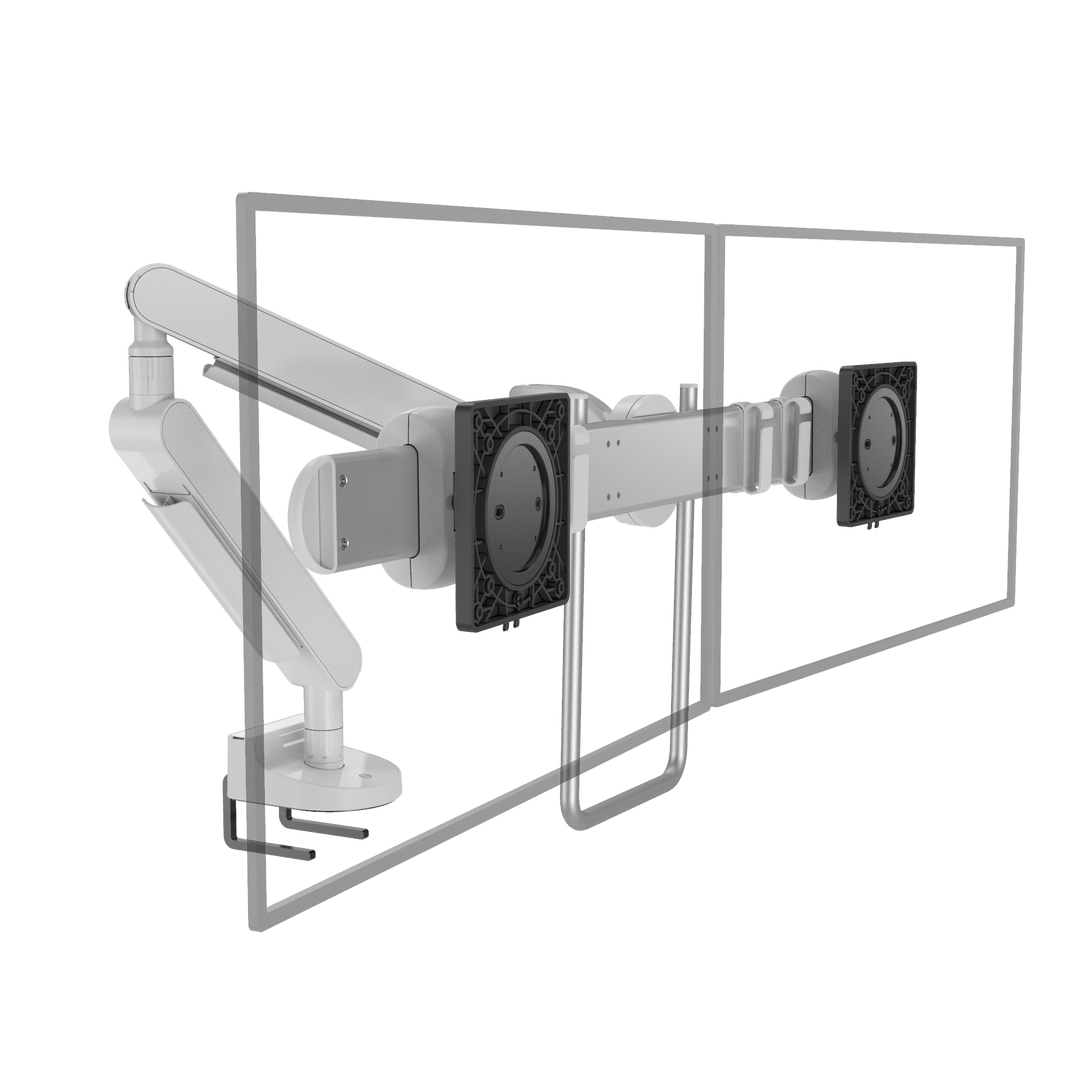 White Zgonic ZGX-DS single arm with crossbar and handle holding two outlined transparent screens, top-down desk clamp, white background