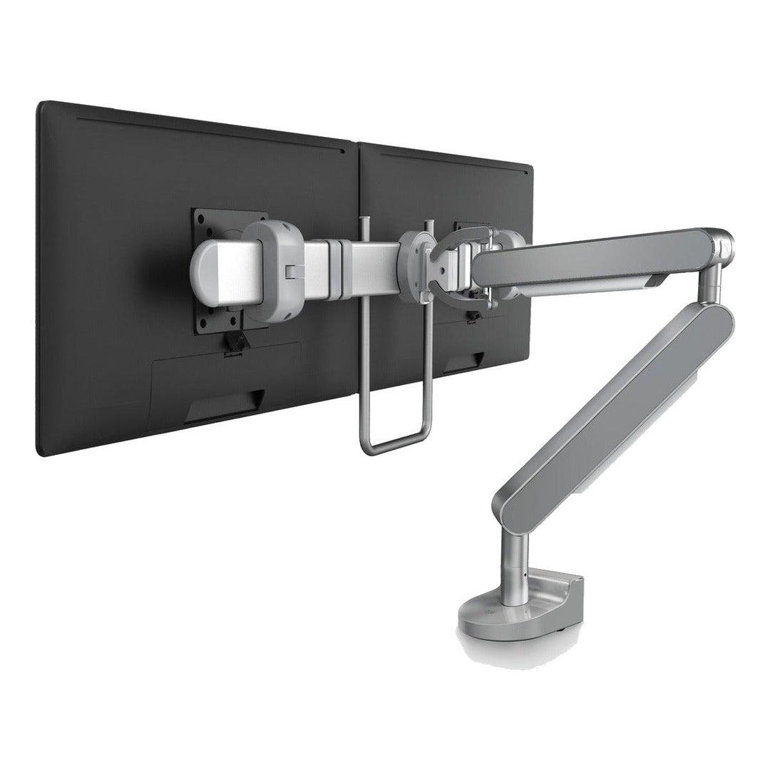 Zgonic ZGX dual monitor arm with crossbar in silver holding two screens, white background (previous-generation photograph; the Dial-Stop dial is not shown)