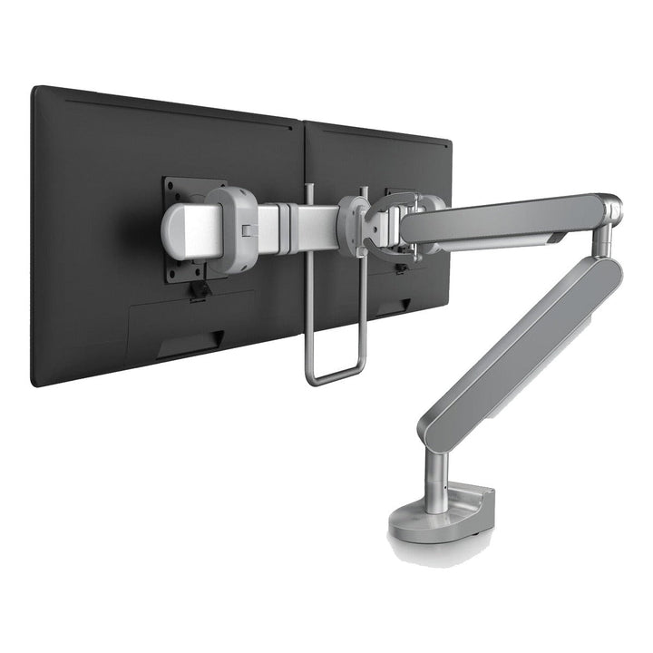 Zgonic ZGX dual monitor arm with crossbar in silver holding two screens, white background (previous-generation photograph; the Dial-Stop dial is not shown)