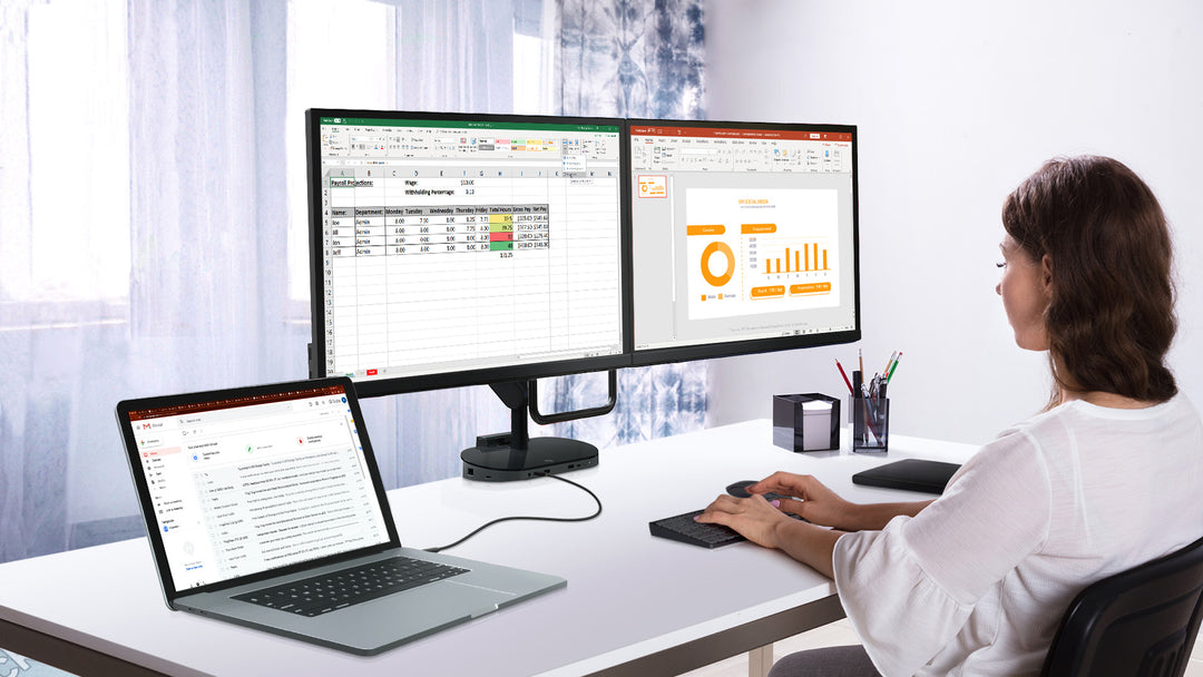 Zgonic ZGX dual monitor arm with crossbar carrying two screens at a desk (Zgonic photograph)