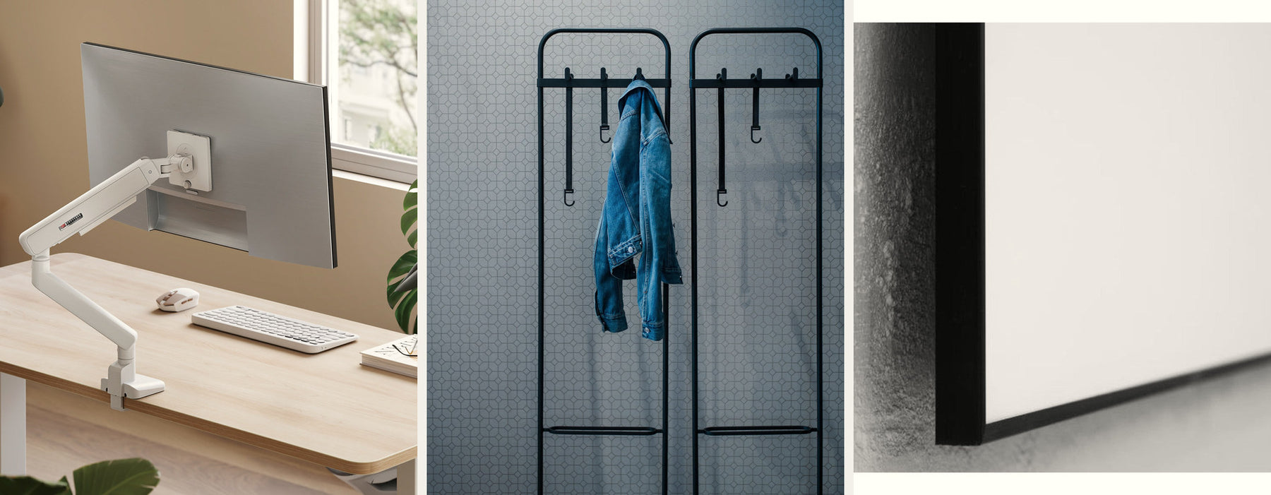 Float monitor arm on a desk, Offecct Hanger coat stand with a jacket, and the edge of a ceramic steel whiteboard