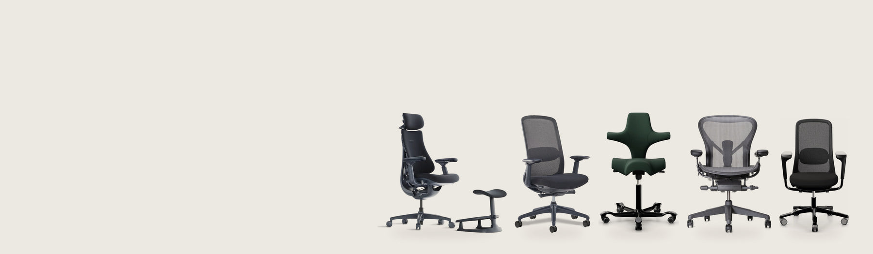 Five current best sellers: LiberNovo Omni, Kyoto, HÅG Capisco 8106, Herman Miller Aeron and HÅG SoFi Mesh