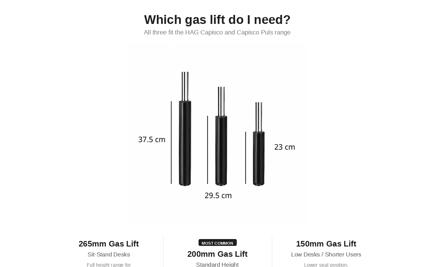 HAG Capisco gas lift sizes: 265mm for sit-stand desks, 200mm standard, 150mm for low desks