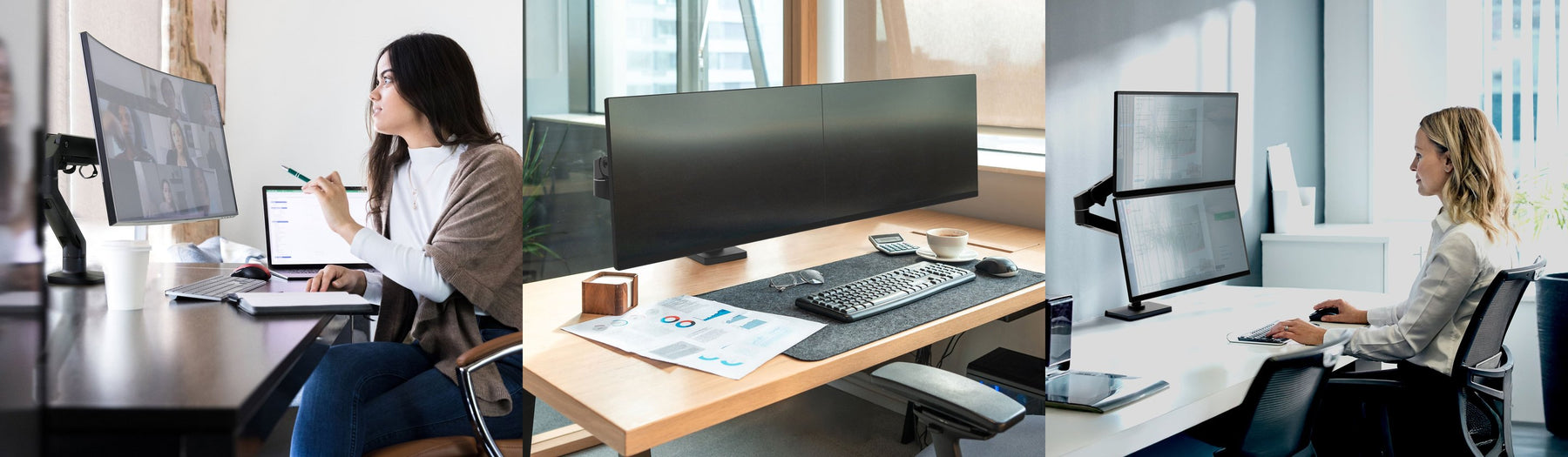 Ergotron monitor arms in three offices: an HX arm holding a large curved screen, an LX Pro dual arm with two screens on a timber desk, and an LX Pro stacking arm with two screens one above the other