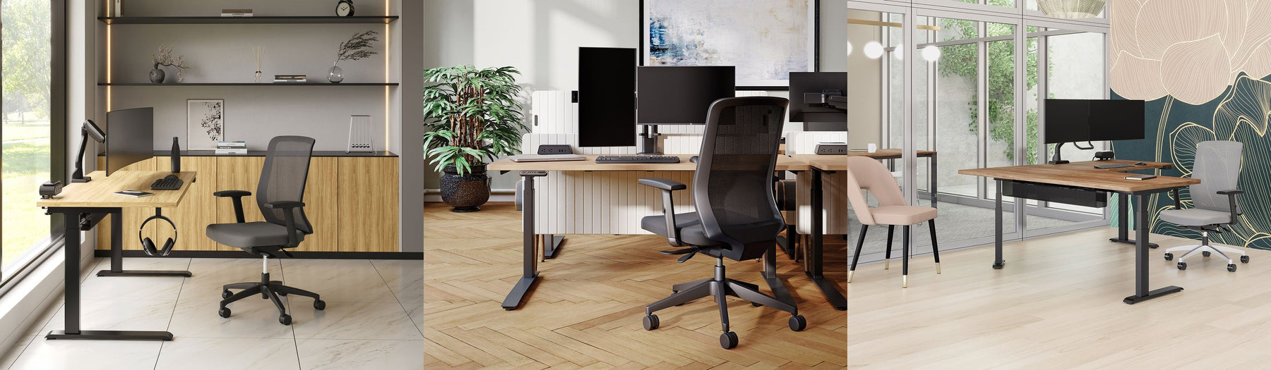 HAT Collective monitor arms in three offices: an E5 single arm on a desk by a window, E2 arms on height-adjustable desks, and an E5 dual crossbar arm in a private office